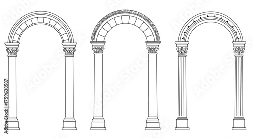Line art illustration of three classical architectural arched doorways with columns