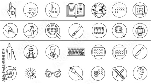 Braille, Accessibility  Vision Impairment Line Icons. Set of Outline Vector Symbols for Blind People, Education, Communication  Digital Content.