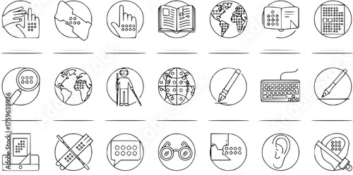 Accessibility and Inclusion Line Art Icon Set. Featuring Braille, Assistive Technology, Sensory Impairment, Inclusive Education, and Digital Communication Symbols.
