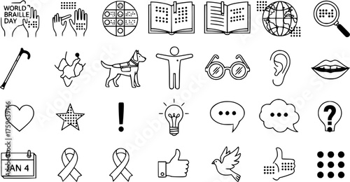 Braille and Accessibility Awareness Icons Set with World Braille Day Symbols, Disability Support, and Communication Elements