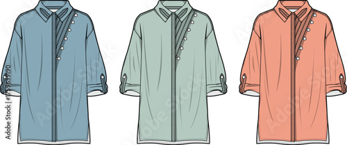 Fashion illustration of three stylish casual shirts in different colors, showcasing unique design details and sleeve variations