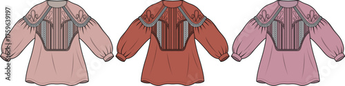 Fashion design technical flat illustration of a women's romantic blouse with long bishop sleeves and a corset-style bodice, presented in three different color variations
