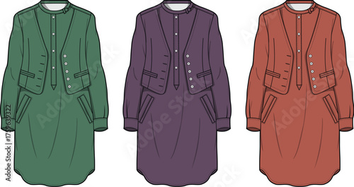 Vector fashion illustrations of women's long sleeve tunic dresses and short jackets. Three modern apparel designs in vibrant green, deep purple, and earthy red, for contemporary style