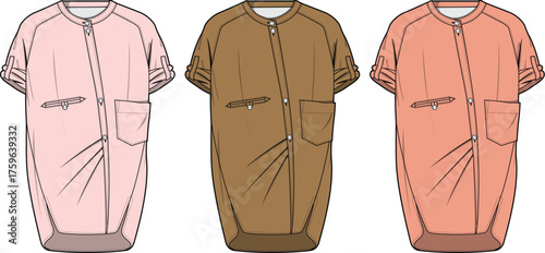 Set of three modern unisex casual shirts, featuring a loose fit, band collar, short rolled sleeves, and front pockets, rendered in distinct colors for versatile apparel design templates
