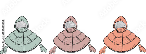 A collection of three stylized puffer jackets or ponchos in muted green, pink, and orange, isolated on a white background. Vector illustration of warm winter outerwear