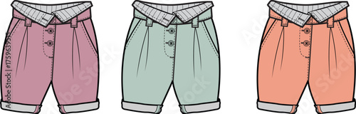 Fashion illustration showcasing a trio of stylish women's cuffed shorts in soft pastel colors, ideal for casual wear design concepts, spring collections, or summer wardrobe presentations