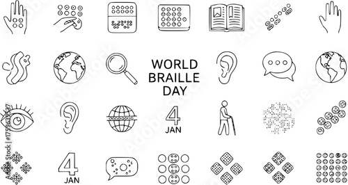 World Braille Day Line Icons Set: Vision Impairment, Braille System, Sensory Awareness  Accessibility Symbols
