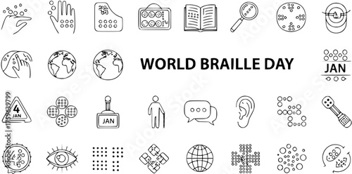 World Braille Day line art icons set. January 4th awareness graphics with symbols for blind people, accessibility, education, communication, and visual impairment support.