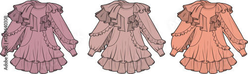 Elegant Dresses with Ruffles Vintage Fashion Illustration in Various Colors