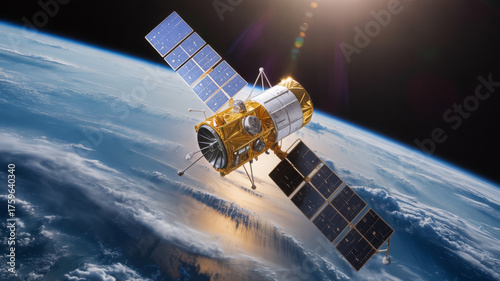 Satellite in orbit above earth, with solar panels catching sunlight satellite