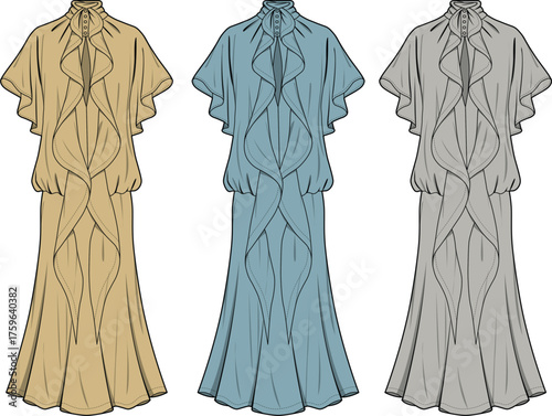 Fashion illustration elegant women's long dresses with ruffled necklines, draped bodices, flowing skirts, shown in three colors for apparel design concepts