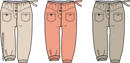 Three different colored styles of casual cropped pants with pockets and drawstring waist