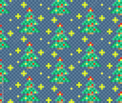 Seamless pixel background with new year tree.