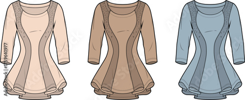 Elegant women's long-sleeve tunic with a distinctive paneled design and a flattering flared hem, showcasing versatile fashion and apparel concepts in soft, muted tones
