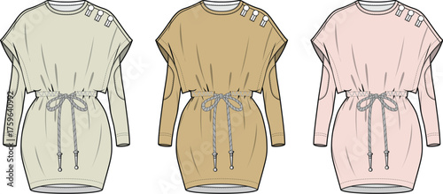 Fashion design technical illustration of a casual sweatshirt dress with shoulder details, elbow cutouts, and a tie waist. Vector apparel template set