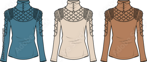 Fashion illustration of three different colored blouses with intricate shoulder details