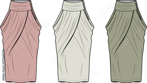 Fashionable Draped Skirt Design Variations in Various Colors for Stylish Apparel Concepts