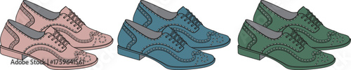A Trio of Stylish Brogues Pink, Blue, and Green Leather Shoes Lined Up