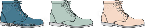 Three pairs of lace-up boots in different colors blue, green, and beige, showcasing footwear fashion and style options