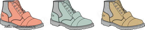 Three stylish work boots in orange, green, and yellow, presented as a colorful collection. Vector illustration for fashion and footwear concepts
