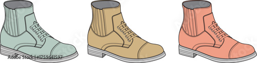 Collection of stylish vector ankle boots in a modern color palette, featuring soft teal, earthy tan, and warm coral hues, ideal for fashion and apparel designs