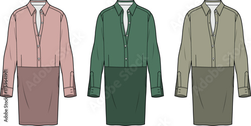 Fashion illustration of three different color variations of a collared button-down shirtdress