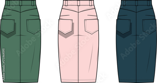 Three different colored pencil skirts with back pockets, isolated on white background
