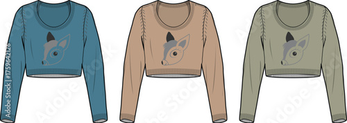 Three casual crew neck sweaters featuring a simple animal graphic design in a variety of earth tones, perfect for everyday wear and layering during cooler weather