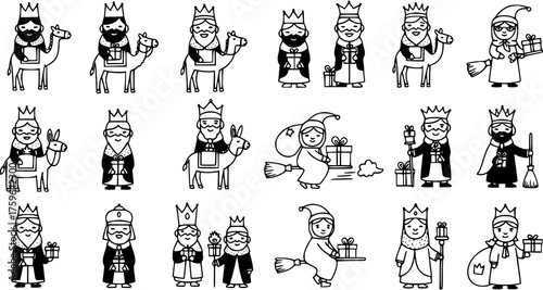 Set of cute black and white cartoon illustrations featuring the Three Wise Men (MagiKings) and La Befana, bringing gifts for Epiphany and Christmas holidays.