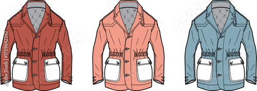 Vector illustration of stylish men's casual jackets in various color options, featuring utility pockets and a drawstring waist, perfect for fashion design and apparel catalogs