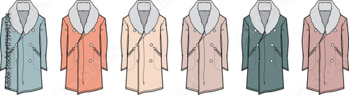 Technical flat sketch of a stylish women's winter overcoat with a wide lapel fur collar, shown in multiple colorways for apparel collection