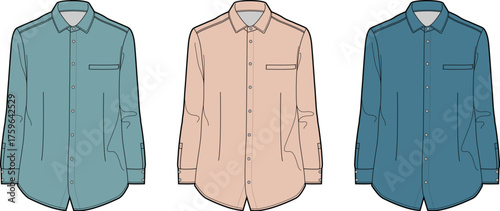 Colorful vector illustrations of men's button-down shirts in different shades for fashion design