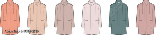 A flat design illustration showcasing a colorful selection of classic trench coats, representing a versatile and elegant outerwear collection for any wardrobe