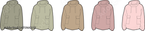 Vector illustration set of technical fashion sketches for a hooded anorak jacket. Casual outerwear apparel template collection in a muted color palette