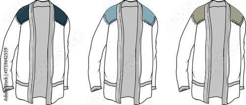 Technical drawing illustration of a modern white cardigan with colored shoulder yoke details for apparel design