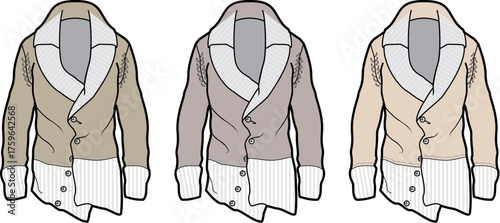 Fashion illustration of three stylish jackets in different shades of beige and grey, showcasing asymmetrical design and collar details