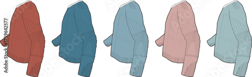 A curated collection of five cozy, casually styled knitted sweaters, presented in a harmonious spectrum of diverse colors, perfect for fashion catalogs and versatile wardrobe concepts