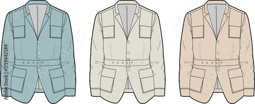 Collection of stylish utility jackets in diverse neutral tones, featuring functional pockets and belted designs, ideal for modern fashion, apparel design, and lifestyle concepts