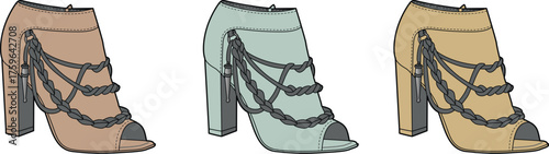 A colorful set of modern high-heeled ankle booties featuring elegant peep toes and stylish chain embellishments