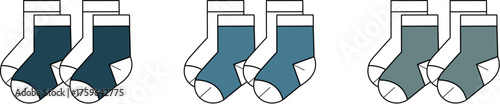 Technical flat vector illustration of assorted ankle sock multi-packs in various blue and teal colorways, a basic apparel design template for clothing