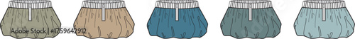 Vector illustrations of five comfortable, loose shorts with elastic waists and gathered hems. Muted earthy and cool tones for casual fashion design