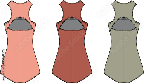 Collection of women's sleeveless tunic top fashion flats showing a back cutout detail in various color options for apparel design