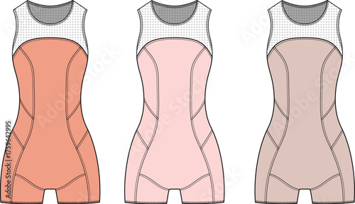 Fashionable athletic apparel designs showcasing three color variations of a sleek, modern leotard