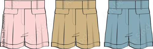 Collection of Women's Shorts in Pink, Beige, and Blue, Fashionable Summer Apparel Illustrations