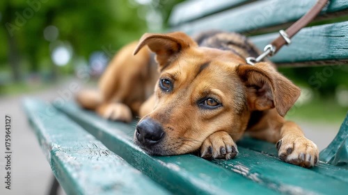sad abandoned dog tied to bench in park