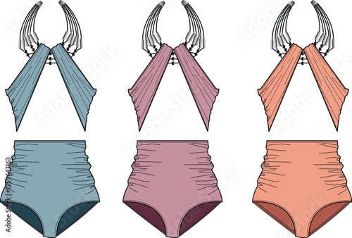 Fashion technical illustration of a retro high-waisted bikini set with ruched bottoms shown in three different color variations