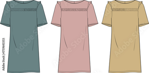 Detailed fashion flat sketch of a women's short-sleeve casual dress, featuring a ruffled neckline and textured yoke. Available in three color variations for apparel design