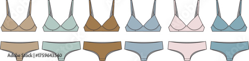 Set of elegant women's lingerie in various subtle colors, featuring bras and matching briefs