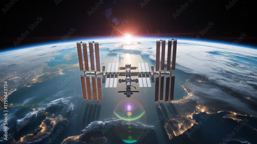 Fototapeta premium International space station orbiting earth with sunrise satellite