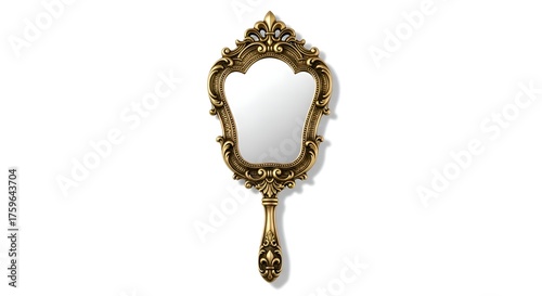 A retro handheld mirror with ornate frame, centered on clean surface